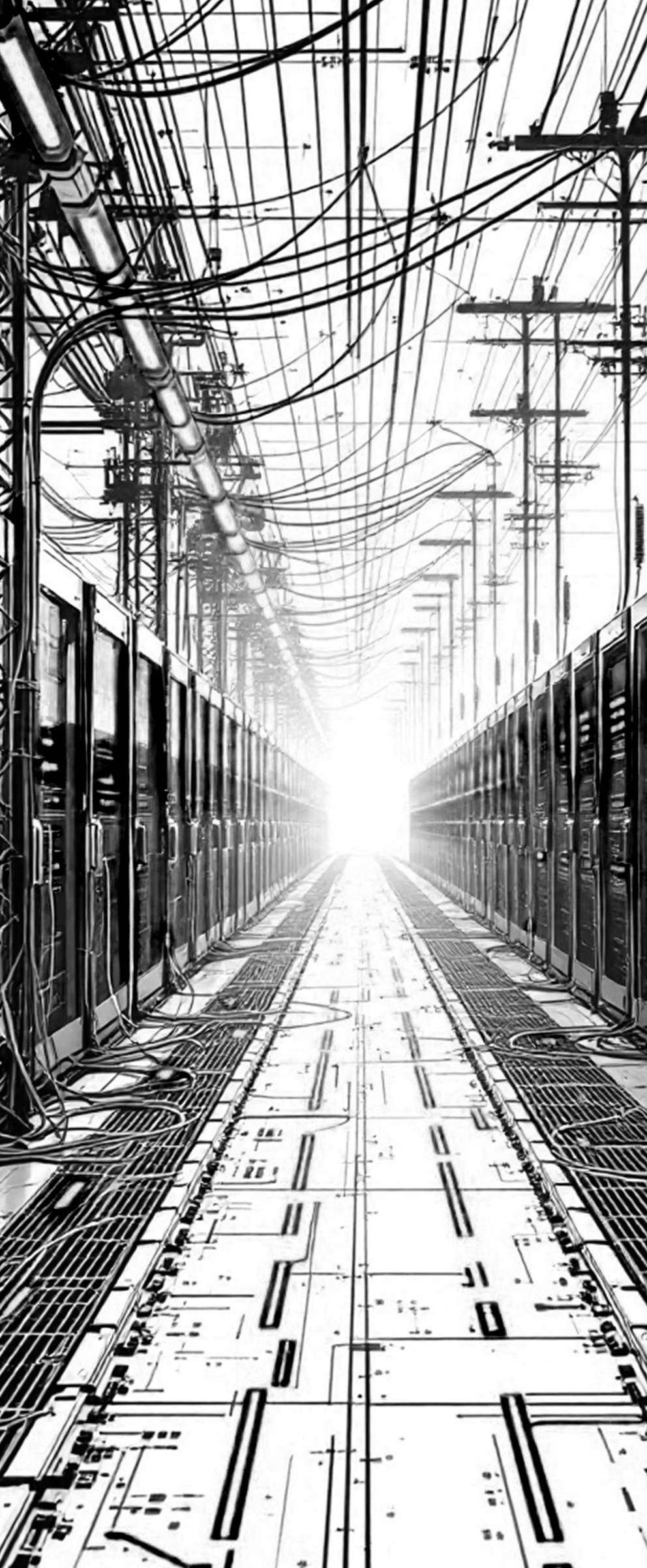 Data center corridor with rows of server racks on both sides and tangled cables overhead, converging toward a bright light at the end.