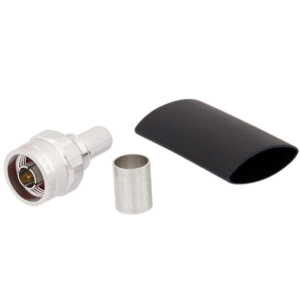 RF coaxial connector kit: white metal connector, small metal ferrule, and black heat‑shrink sleeve.