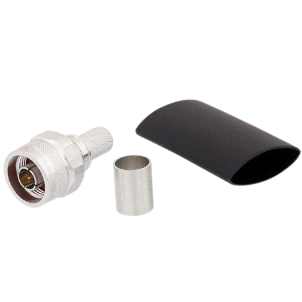 RF coaxial connector kit: white metal connector, small metal ferrule, and black heat‑shrink sleeve.