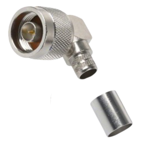 Silver right-angle coaxial RF connector with knurled grip and a detachable cylindrical sleeve; used to join RF cables.