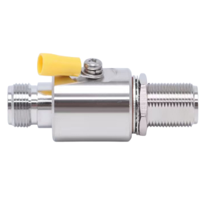 Chrome-plated pneumatic quick-connect coupling with threaded ends and a yellow protective cap/leak-prevention lever on top