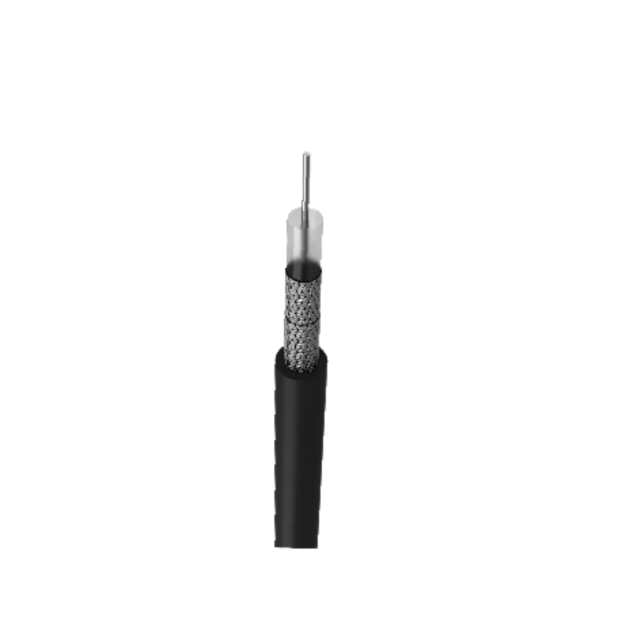 Cross‑sectional view of a shielded electrical cable showing the inner conductor, insulation, braided shield, and black outer jacket.